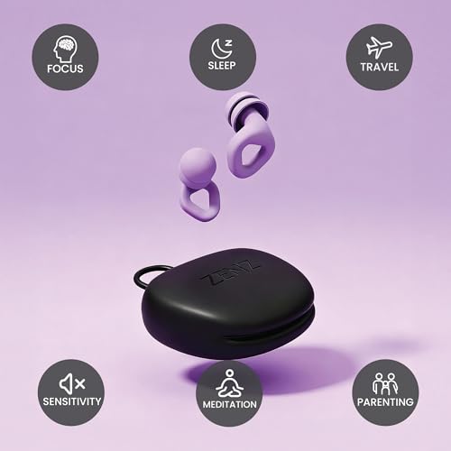 Image of Zenz Unwind Pro Ear Plugs for Sleeping, Soft Silicone Reusable Earplugs for Snoring, Yoga, Reading & Travel, 35dB Noise Reduction, 4 Sizes XS /S /M /L, Secure Fit with Case (Nebula Purple, One Size)