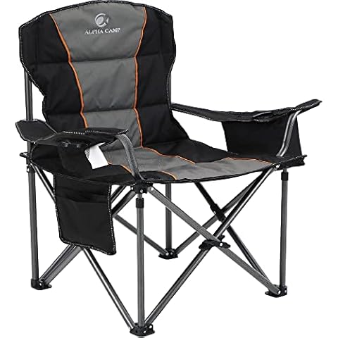 ALPHA CAMP Oversized Camping Folding Chair, Heavy Duty Support 450 LBS Steel Frame Collapsible Padded Arm Chair with Cup Holder Quad Lumbar Back, Portable for Outdoor,Black Cover