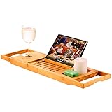 Premium Bamboo Bathtub Tray Caddy - Expandable Wood Bath Tray with Book/Tablet Holder, Wine Glass Slot - Tub Table Bathtub Accessories - Gift Idea for Loved Ones