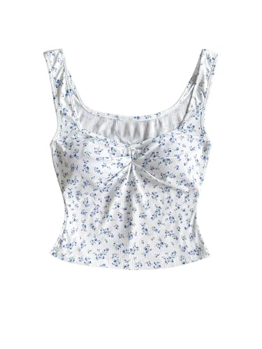 Girl's Ditsy Floral Sleeveless Tank Top Crop Tops Twist Sweetheart Neck Fitted Crop Tops