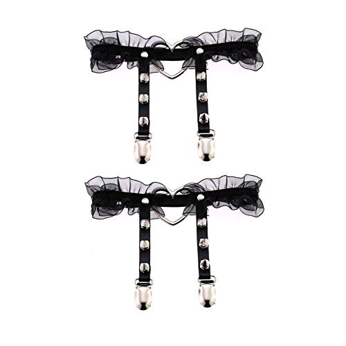alisikee Lot de 2 jarretelles réglables en dentelle en forme de cœur avec fermoirs antidérapants, jarretelles élastiques pour femme, noir/rose, noir, taille unique Cover