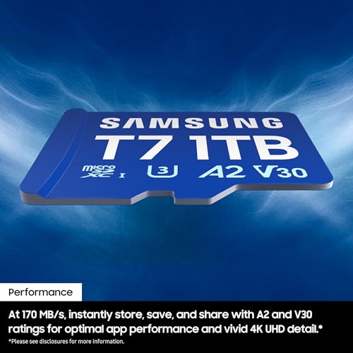 Image of Samsung T7 microSDXC, 1TB, 170 MB /s Read, A2, U3, V30, Memory Card for Gamers & Video Creators, Compatible with Smartphone, Tablet, Laptop, Action Camera, Drone & Gaming Console (MB-MB1T0T /WW)