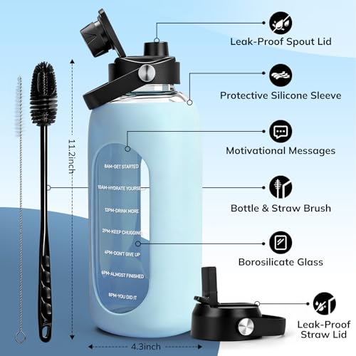 Image of Aqulea 64oz oz Glass Water Bottle with 2 Lids - Spout & Straw Lids, Borosilicate Glass Water Bottle with Time Marker & Silicone Sleeve, Leakproof