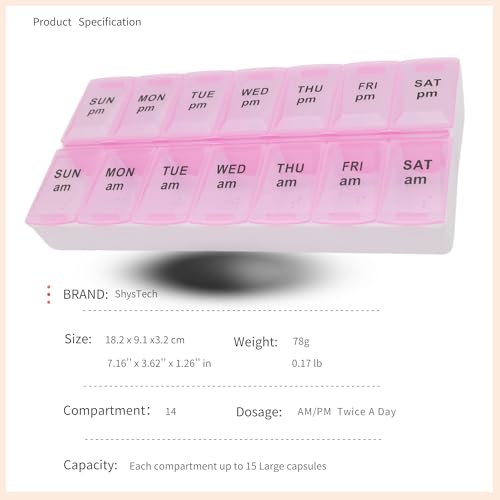 Image of 7 Day Weekly Pill AM PM Organizer, ShysTech Large Pill Case Pill Box for Pills /Vitamin /Supplements /Medication (Pink, Regular)