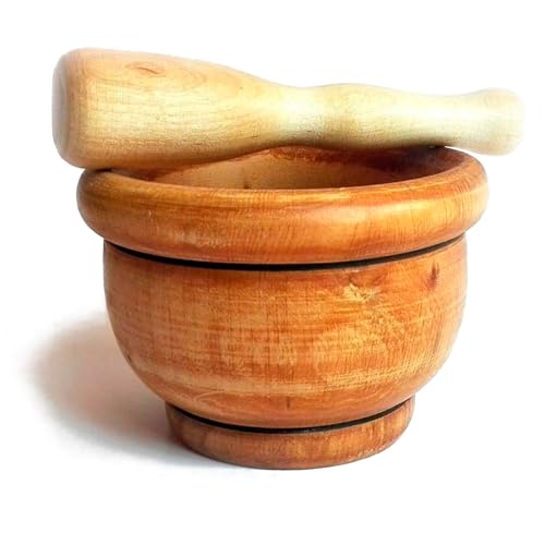 Tradineur - Mortero de Madera Natural - Incluye mazo de 16,5 cm - Machacador Manual de Cocina para moler ajo, Especias y Hierbas - Ø 14 x 9,5 cm