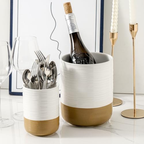 HASENSE Ceramic Utensil Holder for Counter, 7.4"+5.5" Large Kitchen Utensil Organizer for Kitchen Utensil, White Cooking Utensil Crock to Hold Spatulas, Farmhouse Decor, Set of 2 — view 6