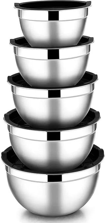 Mixing Bowls with Lids Set of 5, Stainless Steel Black Mixing Bowls Metal Nesting Bowls with Airtight Lids for Cooking, Baking, Serving