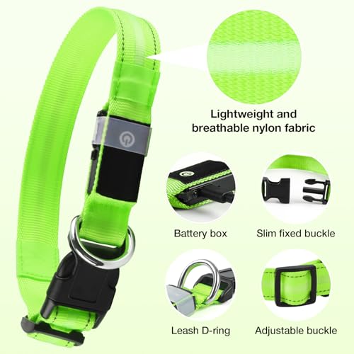 Fiveda Light Up Dog Collar, USB Rechargeable 6 Modes, Waterproof Charging Port, Long Lasting LED Collar - Adjustable Nylon Reflective for Dogs, Sizes S/M/L (7/9/11 Lights) - 5 Colors (Green, M) by Fiveda - Image 4