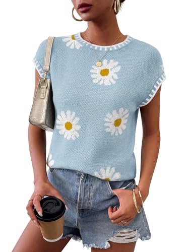 Women Knit Sweater Tops Cap Sleeve Summer Top 2026 Sleeveless Tank Tops Fashion Trendy Tshirts Clothes Fall Vest Light Blue
