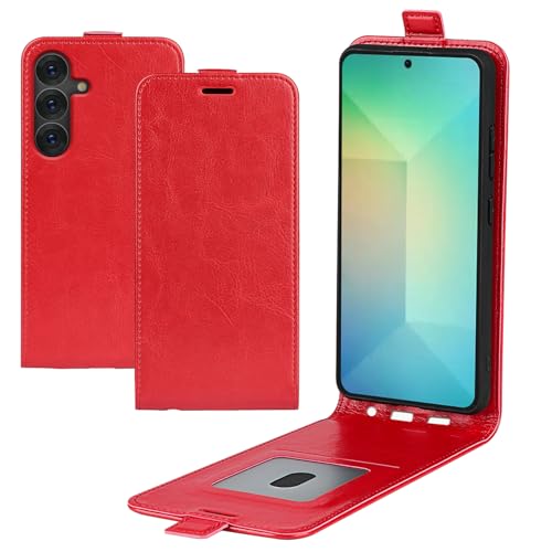 XFDSFDL® Schutzhülle für Samsung Galaxy S25 SM-S931 (6,2 Zoll) Vertikal PU Lederhülle Hoch/Runter Offen Flip Hülle mit Magnetverschluss Taschen Kartenfächern Brieftasche Ledertasche Rot