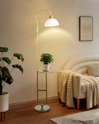 Lightdot 68IN Floor Lamp with Table, Mid Century Modern Standing Lamps Storage Shelf Floor Lamps with Bulbs Included, Gold Pole End Table with White Acrylic Lampshade for Living Room, Bedroom, Office