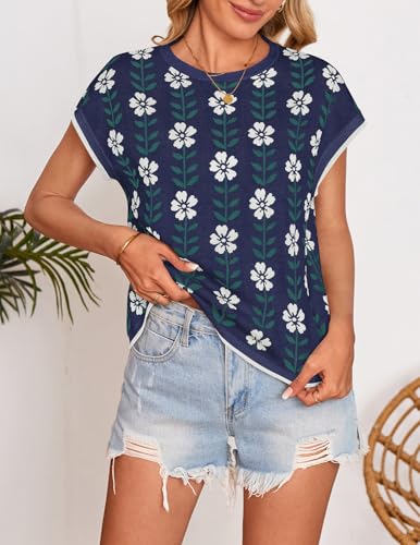 Image of ZESICA Women's Summer Trendy Knit Top 2026 Floral Print Short Sleeve Crewneck Loose Fit Sweater Vest Going Out Clothes