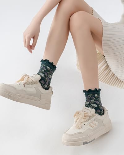Image of Womens Ruffle Crew Socks Vintage Patterned Ankle Casual Fashion Dress Sock Cute Lettuce Floral Socks 5 /6 Pack