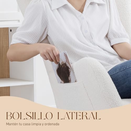 Miniatura 6 de Homcom Silla Mecedora Moderna, Mecedora Tapizada En Terciopelo De Teddy, Sillón De Lactancia Con Respaldo Acolchado Alto, Almohada, Patas De Madera, Bolsillo Lateral, Para Dormitorio, Salón, Crema