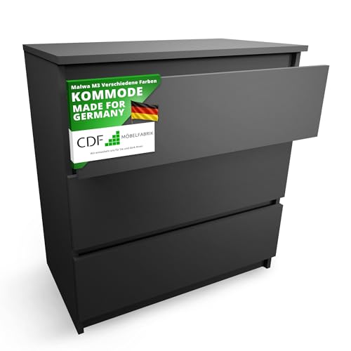 CDF Kommode mit Schublade Schwarz Schrank Schubladenschrank 3 Schubladen Malm Kommode viel Stauraum Geeignet für Wohnzimmer Schlafzimmer Komodenschrank Organizer Kleidung 40T x 70B x 75H cm