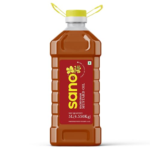 Image of SANO Kachi Ghani Mustard Oil 5 Ltr | High in Monounsaturated Fats (MUFA) | Vitamin A and D Fortified Oil | Cholesterol and Trans Fat Free | Ideal for Frying, Roasting, Tempering, and Pickling | Indian Cooking