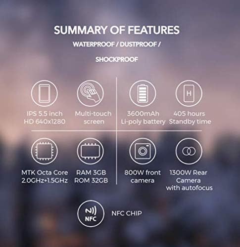 Summary of Features with icons for IPS 5.5 inch, Multi-touch screen, 3600mAh battery, 405 hours standby, MTK Octa Core, RAM 3GB, ROM 32GB, 800W front camera, 1300W rear camera, NFC chip