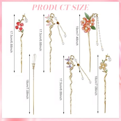 Image of MAYCREATE 6Pcs Butterfly Flower Hair Sticks for Buns Chinese Hanfu Asian Vintage Floral Hairpins Hair Chopsticks with Pearl Tassel for Women Girls