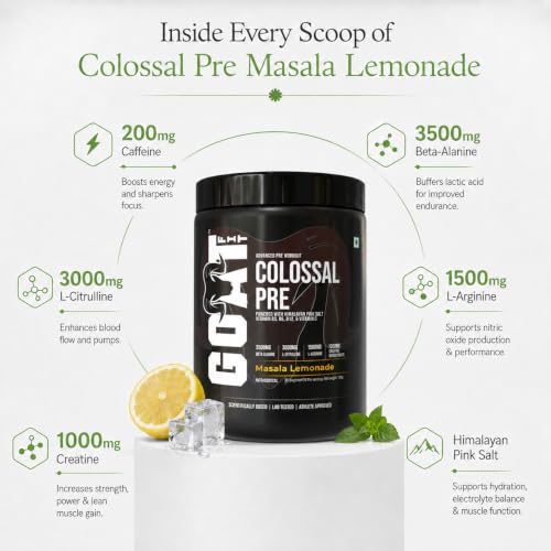 Image of GOAT Fit Colossal Pre | PreWorkout Powder 200mg Caffeine 3.5g Beta-Alanine 3g Citrulline 1.5g Arginine 1g Creatine with Himalayan Pink Salt (180gm - 15 Servings, Masala Lemonade)