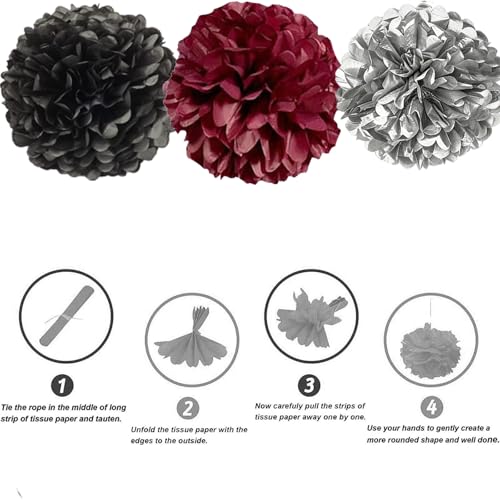Image of Black Burgundy and Silver Paper Pom Poms for Wedding Birthday Black Gold Party Decoration - Ceiling Wall Hanging Tissue Flowers - 12pcs 3 Colors of 12 Inch 10 Inch 8 Inch