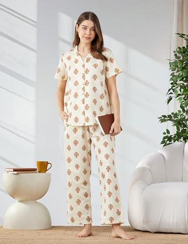 Image of Amazon Brand - Myx Women Cotton Shirt and Relaxed Pajama Set | Night Suit Set (Available in Plus Sizes)