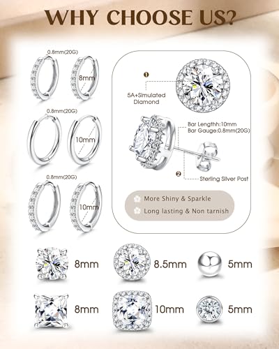 BESTEEL S925 Sterling Silver Stud Earrings for Women Men - Hypoallergenic 18K Gold Plated Hoop Earring Big Round Square Simulated Diamond Halo Studs Earrings for Sensitive Ears3