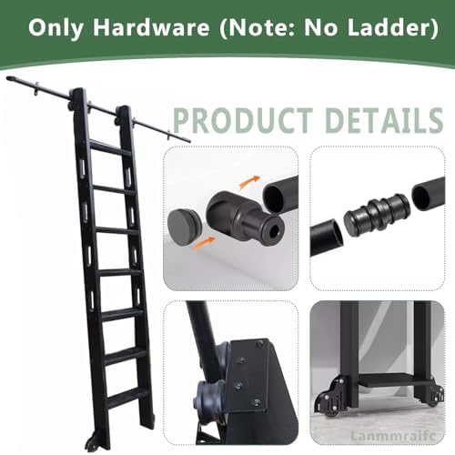 Black Round Tube Mobile Library Ladder Hardware Kit - 13ft Track with Floor Roller Brake for Home, Office & Barn - Rolling Ladder Accessories for Easy Access