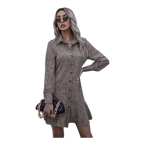 SUMM COLLECTIONSCasual Summer Dress For Women, 2023 Button Spring Dresses, Full Sleeves Floral Printed Clothes For Women, Chiffon Women Dress, Khaki - Medium