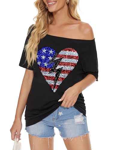 July 4th Womens Patriotic Shirt Off the Shoulder Tops Memorial Day American Flag Tops, Patriotic Distressed Heart, 3X-Large