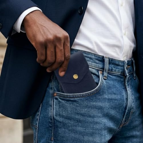 Image of The Wallet Store Flip 2.0 Genuine Leather Vertical Slim Wallet for Men | Pull-String Quick Card Access | Compact Front Cash Pocket & Button Lock | Minimalist Travel & Daily Carry Wallet (Blue)