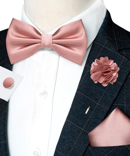 Image of RBOCOTT Solid Color Bow Tie and Pocket Square with Lapel Pin Cufflinks Set 4PCS