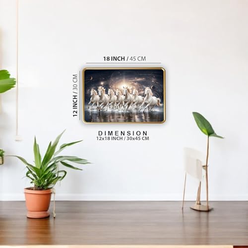 Image of Vastu 7 Seven Running Horse Photo Frame, Golden Slim Frame, Sparkle Coated Lamination, 30x45 cm (Design 13)