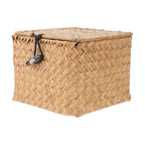 TOGEVAL Caja de Almacenamiento Cuadrada Pequeña con Tapa Cesta de Paja Natural para Organización en Cocina y Hogar Contenedor Decorativo Multiusos Adecuado para Bolsitas de Té y