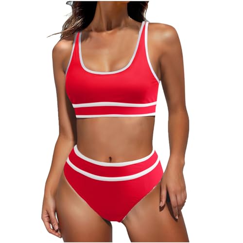 Women Two Piece High Waist Bikini Set Color Block Sporty Swimsuits Tummy Control Athletic Bathing Suit for Teen Girls - Main Image