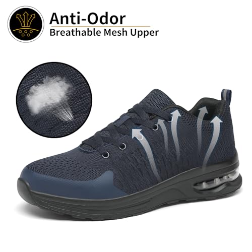 LUPWEE Steel Toe Shoes for Men Slip Resistant Safety Work Shoes Puncture Proof Comfortable Indestructible Sneakers with Specialized Work Insole for Industry Construction Warehouse Blue Black 43.5