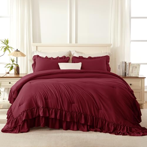 Image of Andency Burgundy Twin Size Comforter Set(66x90Inch), 2 Pieces(1 Ruffle Comforter and 1 Pillowcase) Lightweight Fluffy Bedding Comforter Sets for Teenagers, All Season Soft Polyester Bedding Set