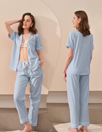 Image of NAP BOUND 100% Cotton Women's Pajama Sets Short Sleeve Button Down Soft Pjs 2 Piece Lounge Set with Pocket Nightwear XS-XXL