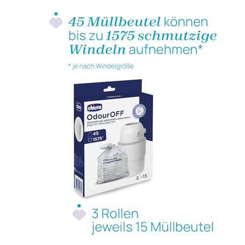 Chicco Odour Off Pouches, Toilettenfresser Beutel, Teleskop Müllbeutel, dreilagiges stabiles Material, hält Gerüche zurück, 45 Beutel, 15x3 – Ansicht 5
