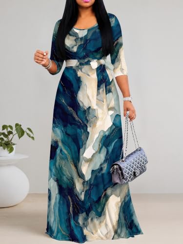 Image of PinkPatty Plus Size Maxi Dress for Women Casual V Neck 3 /4 Sleeve Boho Printed Long Dress with Pockets