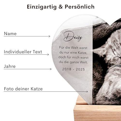 Gedenktafel Katze Andenken an verstorbene Katze Bild aus Acrylglas personalisiert zur Erinnerung & Trauer Glasherz mit Foto Geschenk für Katzenbesitzer inkl. Holzfuß 20x22 cm (Herz)