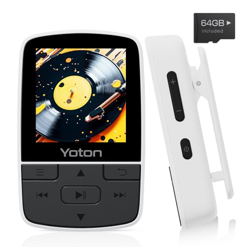 YOTON Reproductor MP3 Bluetooth de 64 GB, Reproductor de Música Deportivo Portátil con Clip, Sonido HiFi sin Pérdidas, Radio FM, Cronómetro, Grabadora, Podómetro, etc., Viene con Auriculares, Blanco