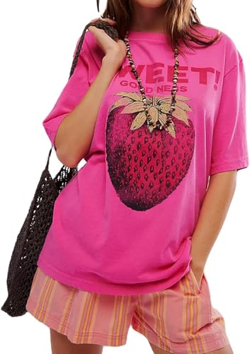 Oversized Shirt for Women Teen Girls People Summer Baggy Shirts Dup ES Baggy Preppy Shirts Pink Graphic Tees for Women Doop Y2K Strawberry T-Shirt