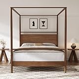 Solid Wood Canopy Bed Frame Four Posters Bed No Box Spring Needed,Queen Size,Walnut