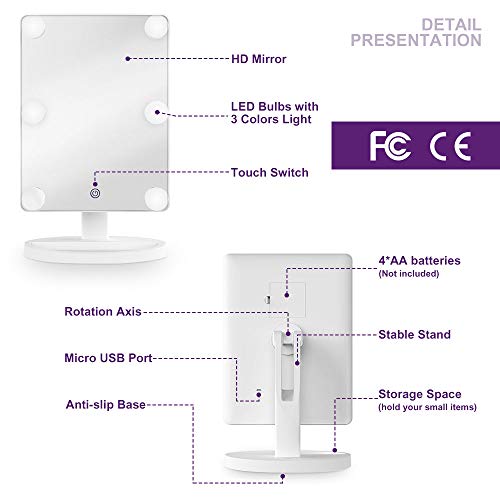 Hollywood Makeup Vanity Mirror with Lights Bedroom Lighted Standing Mirror with Dimmer, Screen Touch Control 360° Rotation Tabletop Cosmetic Mirror (White) - Thumbnail 4
