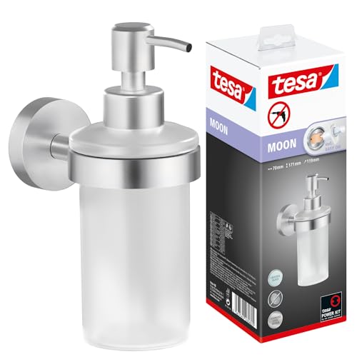 tesa Moon Seifenspender-Set, satiniertes Glas und verchromter Edelstahl - Flüssigseifenspender zur Wandbefestigung ohne Bohren, inkl. Klebelösung - 109 mm x 70 mm x 156 mm