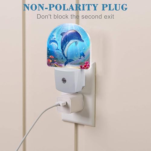 Image of Night Light for Kids Girls Boys, Cute Dolphins in Tropical Sea LED Night Light Plug into Wall with Dusk to Dawn Sensor for Room Decor, Hallway, Kitchen, Bathroom, Nursery, Stairs