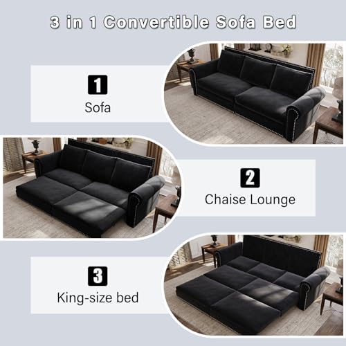 Image of Eafurn 93.7 inch King Size Pull Out Sofa Bed, 3-in-1 Convertible Sleeper Sofa Couch Bed with Nailhead Decor and Rolled Arms, Velvet Oversized Chesterfield Loveseat Chaise Lounge