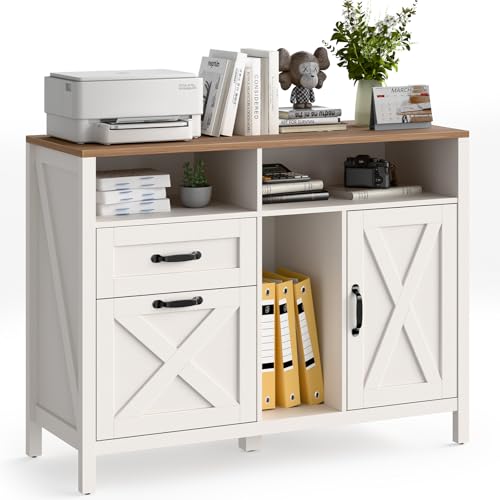 Lateral File Cabinet with 2 Drawers and Door Farmhouse File Cabinet for A4Letter Size Hanging Files Large Wood File Storage Cabinets Printer Stand with Open Space for Home Office Furniture White