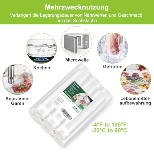 Bonsenkitchen Vakuumrollen 6 Rollen 20cm x 600cm + 28cm x 600cm Vakuumierfolie - Profi Vakuumbeutel für Vakuumierer Lebensmittel Vakuumiergerät, Kochfest und Sous Vide Gefrierbeutel, BPA-frei, VB3211