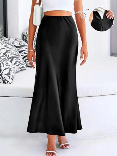 image for Prinbara Women's Satin Maxi Skirts Dressy Casual Zipped High Waisted F